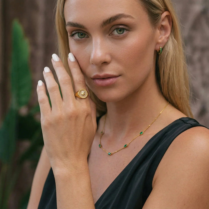 Gold-Plated CZ Sunface Signet Ring for Women