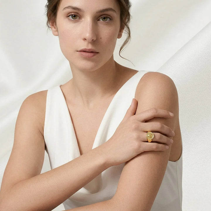 Gold-Plated CZ Sunface Signet Ring for Women