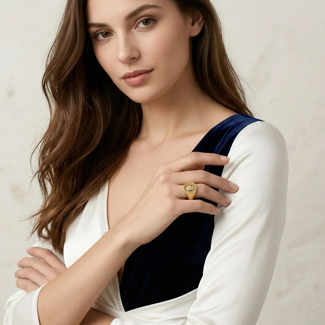 Gold-Plated CZ Sunface Signet Ring for Women