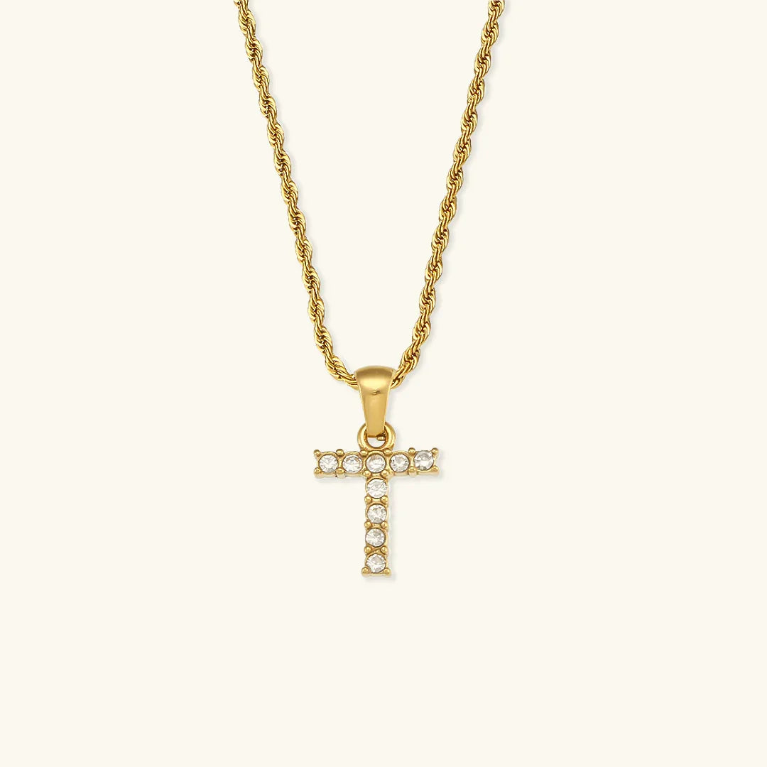 Gold-Plated Initial Pendant Necklace with Diamond Simulants