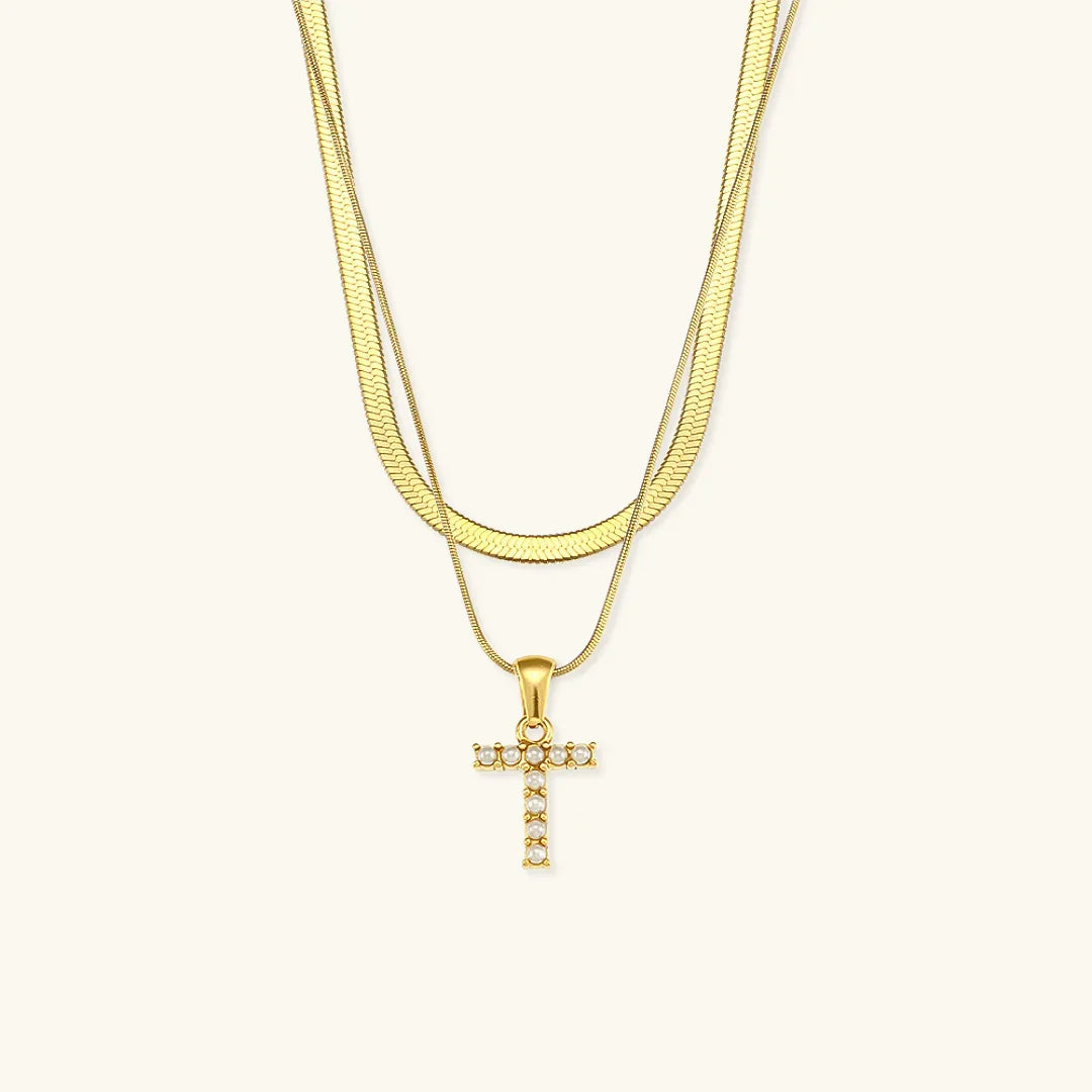 Gold-Plated Layered Initial Letter Necklace with Freshwater Pearls