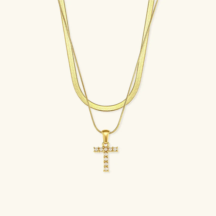 Gold-Plated Layered Initial Letter Necklace with Freshwater Pearls