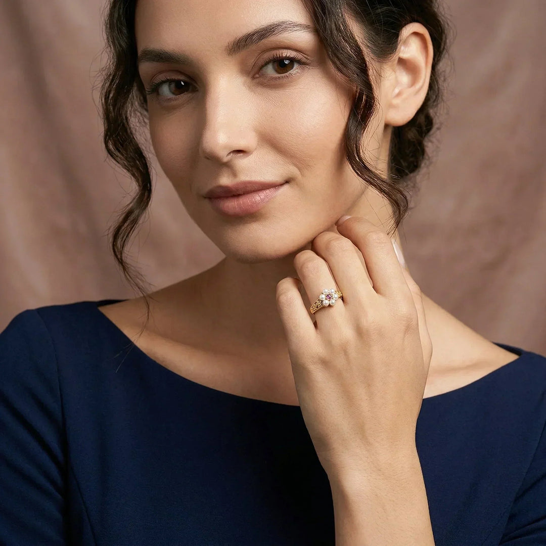 Gold-Plated Faux Pearl Floral Statement Ring for Women