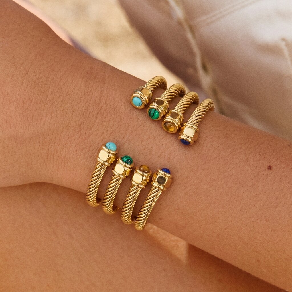 Gold-Plated Synthetic Stone Cuff Bracelet for Women