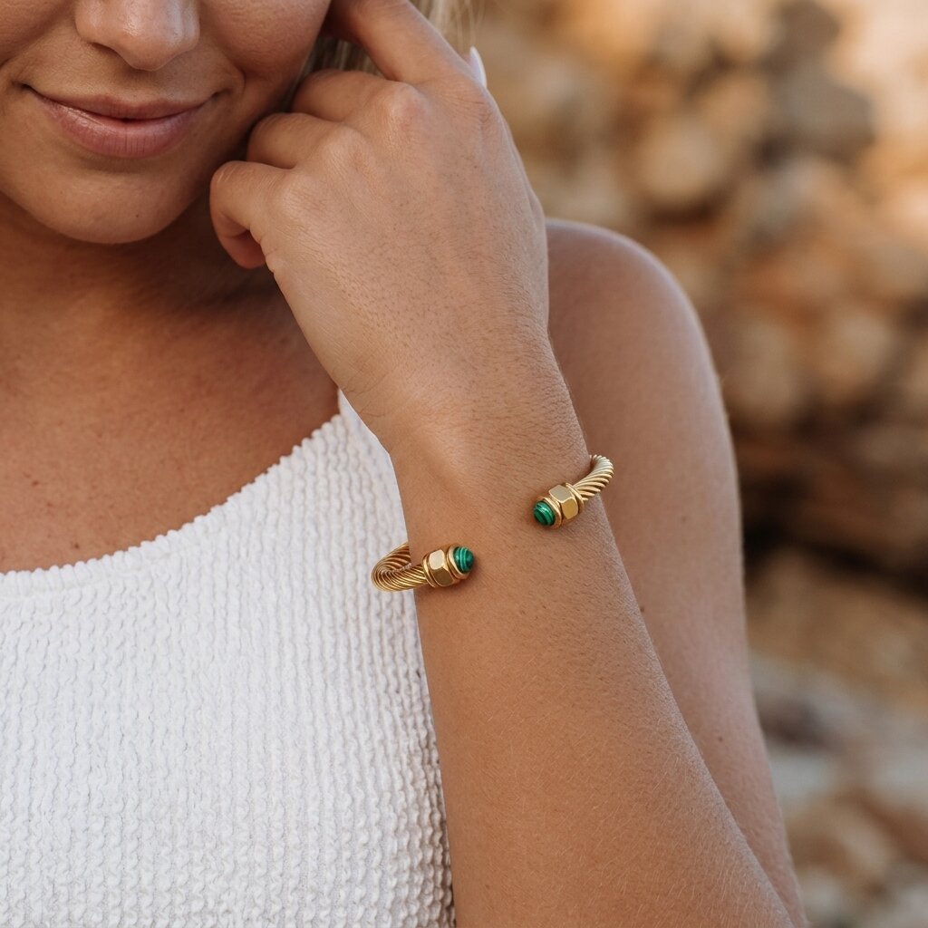 Gold-Plated Synthetic Stone Cuff Bracelet for Women