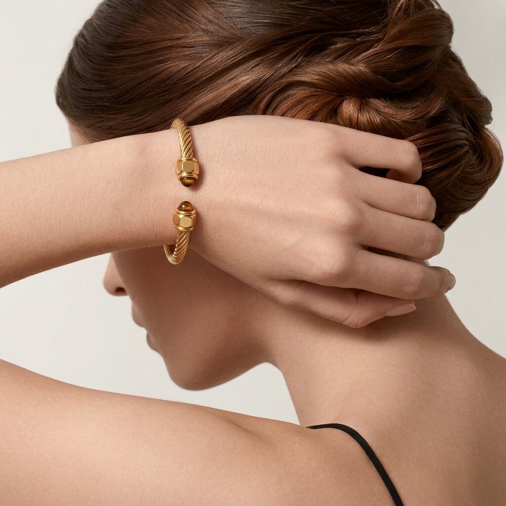 Gold-Plated Synthetic Stone Cuff Bracelet for Women