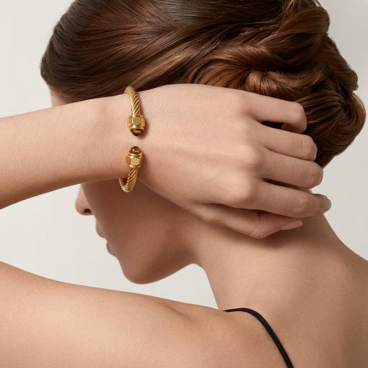 Gold-Plated Synthetic Stone Cuff Bracelet for Women
