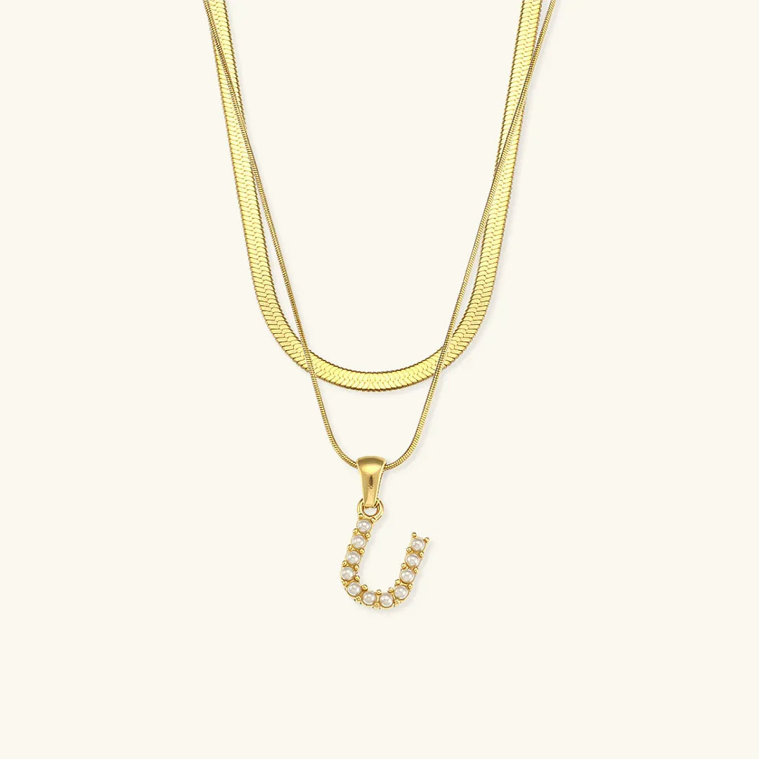 Gold-Plated Layered Initial Letter Necklace with Freshwater Pearls