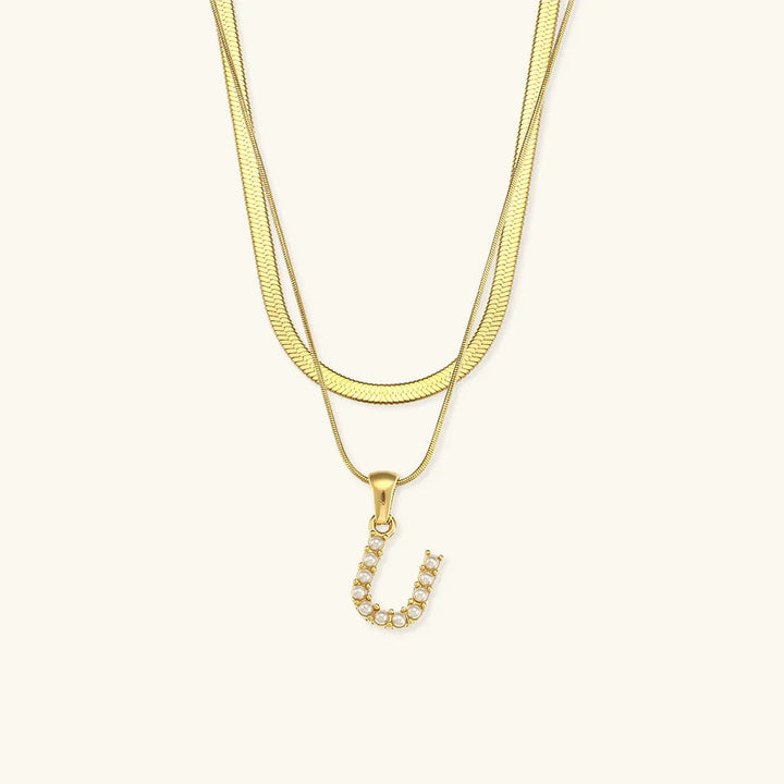 Gold-Plated Layered Initial Letter Necklace with Freshwater Pearls