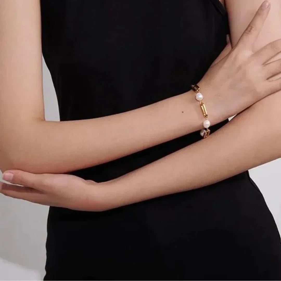 Gold-Plated Faux Pearl Chain Bracelet for Women