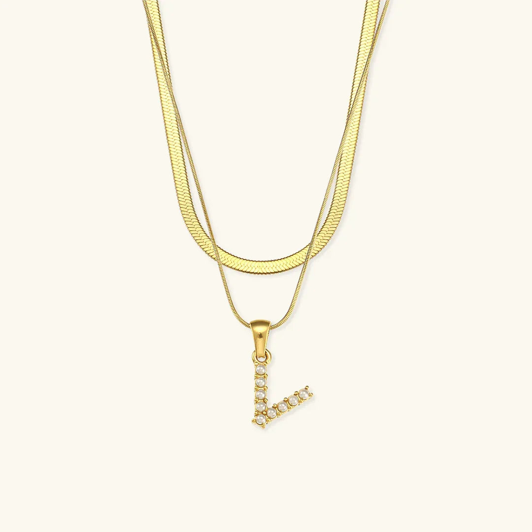 Gold-Plated Layered Initial Letter Necklace with Freshwater Pearls