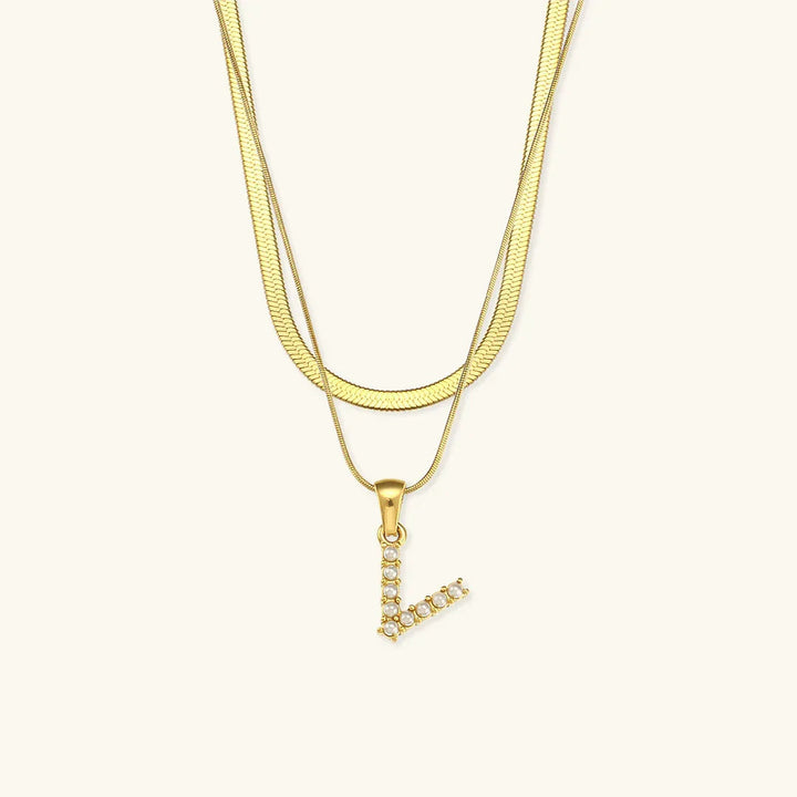 Gold-Plated Layered Initial Letter Necklace with Freshwater Pearls