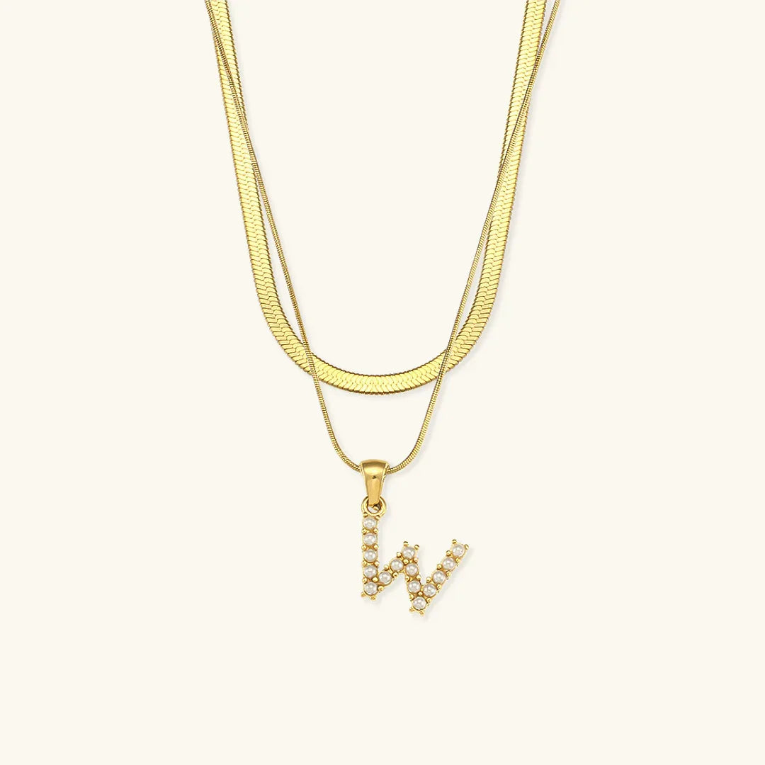 Gold-Plated Layered Initial Letter Necklace with Freshwater Pearls