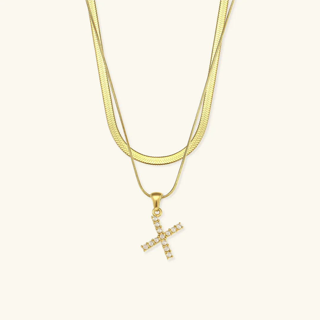 Gold-Plated Layered Initial Letter Necklace with Freshwater Pearls