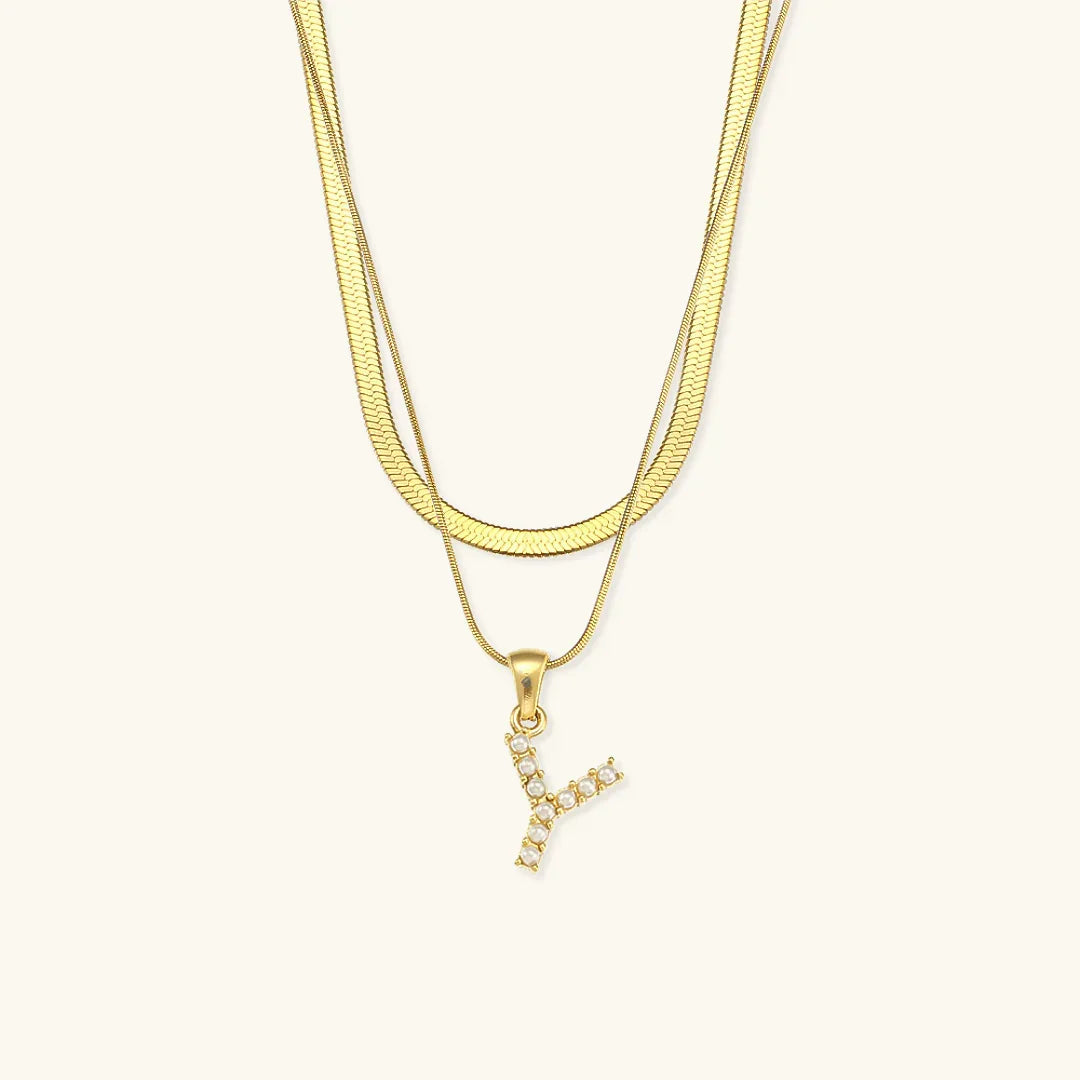 Gold-Plated Layered Initial Letter Necklace with Freshwater Pearls