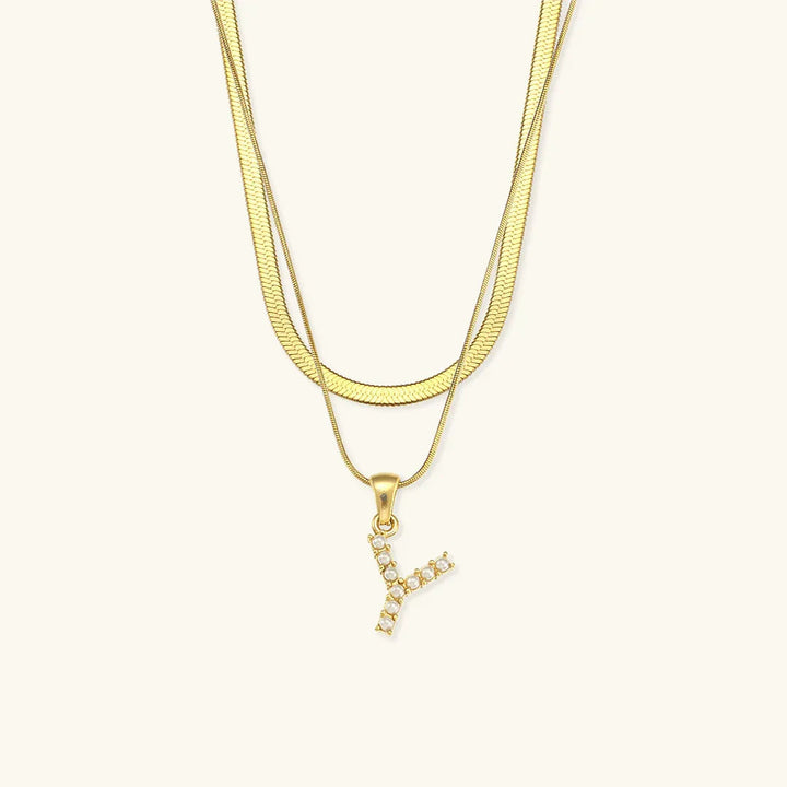 Gold-Plated Layered Initial Letter Necklace with Freshwater Pearls