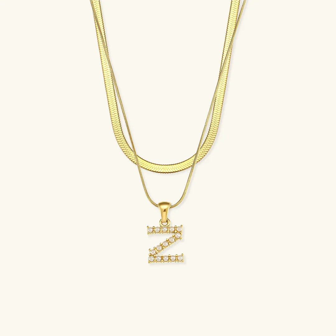 Gold-Plated Layered Initial Letter Necklace with Freshwater Pearls