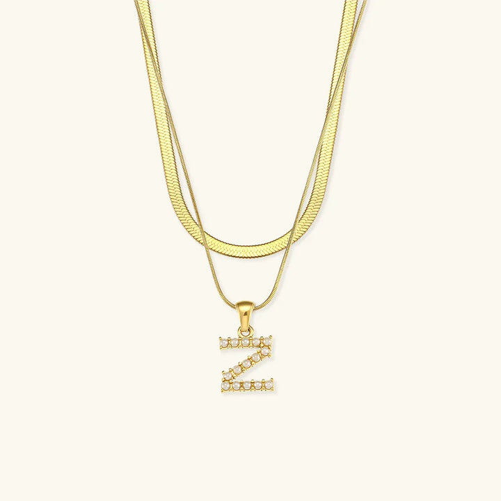 Gold-Plated Layered Initial Letter Necklace with Freshwater Pearls