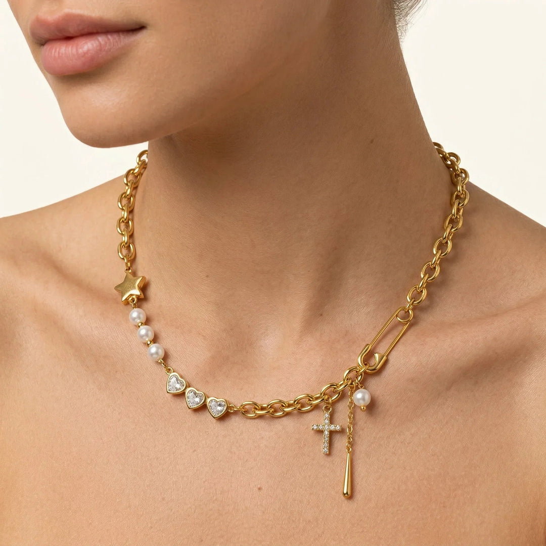 Gold Plated Cubic Zirconia Faux Pearl Chain Necklace for Women