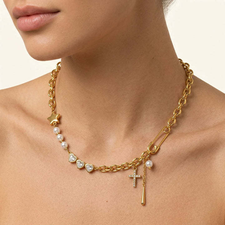 Gold Plated Cubic Zirconia Faux Pearl Chain Necklace for Women