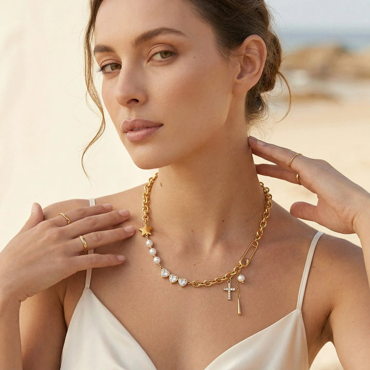 Gold Plated Cubic Zirconia Faux Pearl Chain Necklace for Women