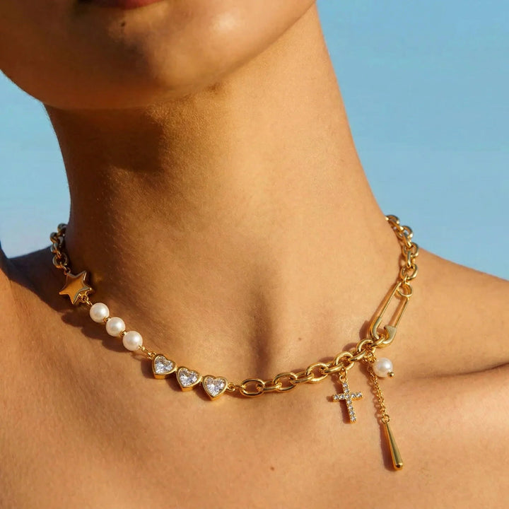 Gold Plated Cubic Zirconia Faux Pearl Chain Necklace for Women