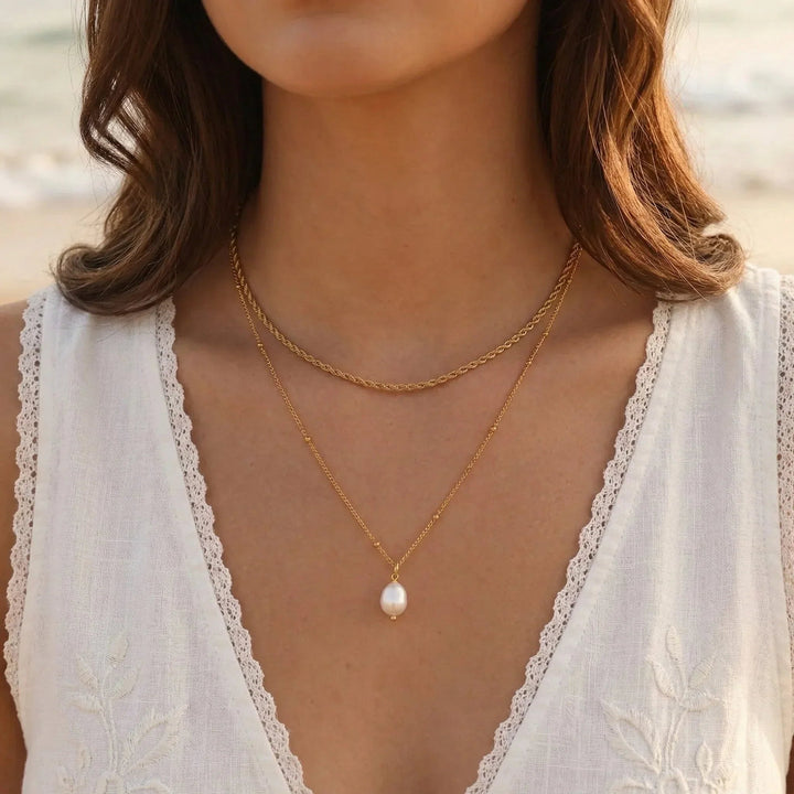 Gold-Plated Faux Pearl Necklace 2-Piece Set with Rope Chain