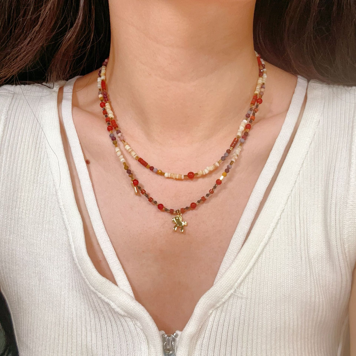 Gold-Plated Mixed Glass Bead Layered Charm Necklace