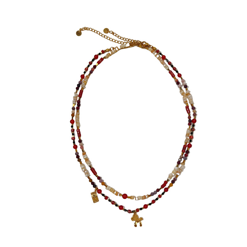 Gold-Plated Mixed Glass Bead Layered Charm Necklace