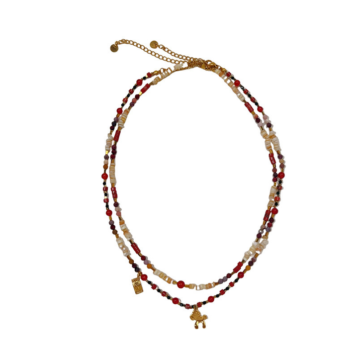 Gold-Plated Mixed Glass Bead Layered Charm Necklace