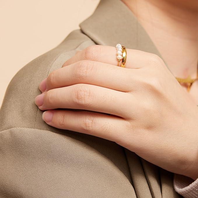 Gold-Plated Faux Pearl Stackable Ring Women