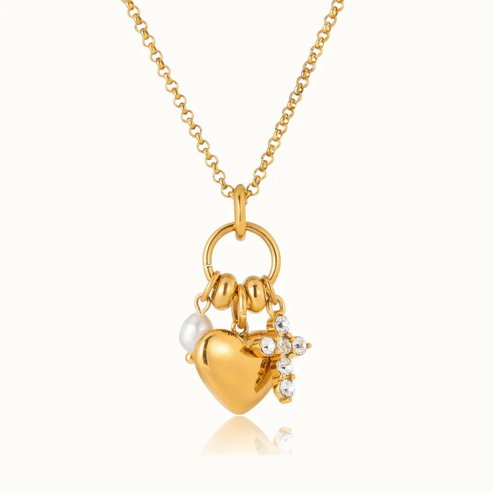 Gold-Plated Cubic Zirconia Heart Charm Pendant Necklace for Women