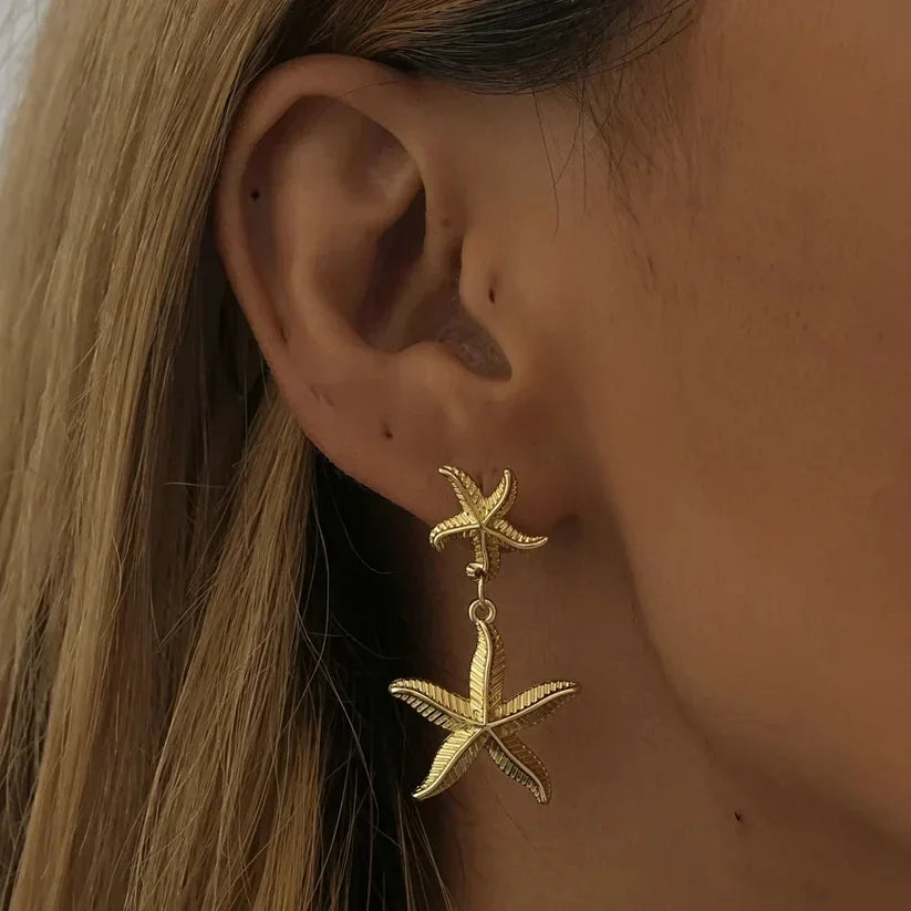 Gold-Plated Stainless Steel Starfish Drop Earrings
